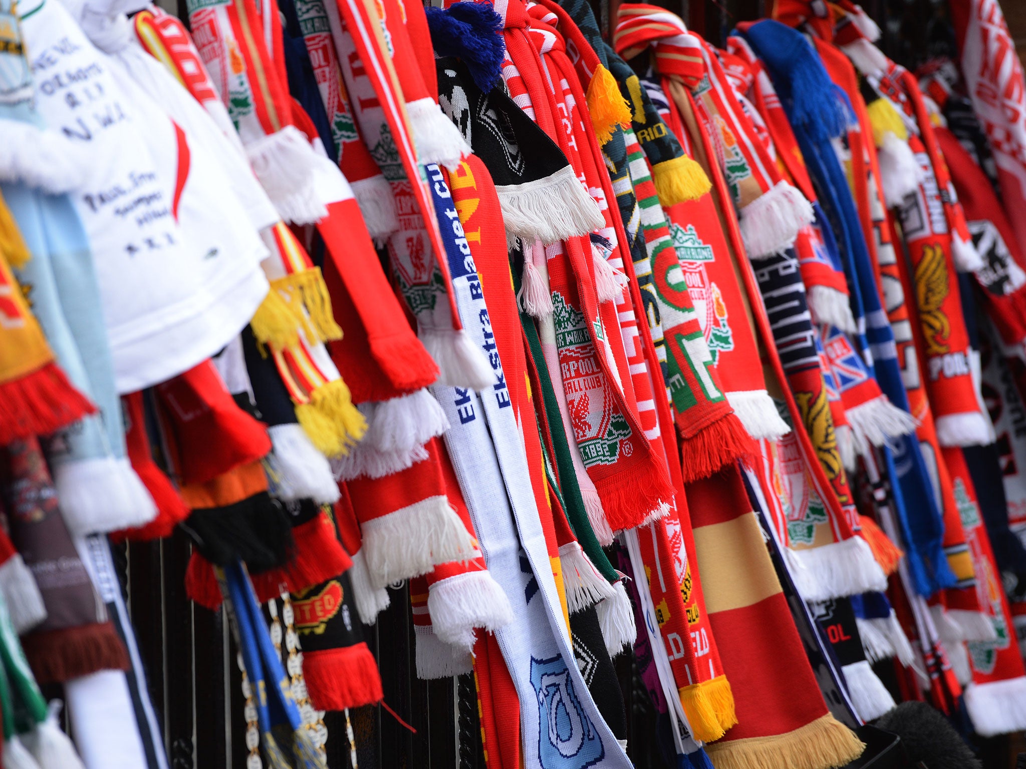 View of club scarves placed in memory of the victims of the Hillsborough disaster