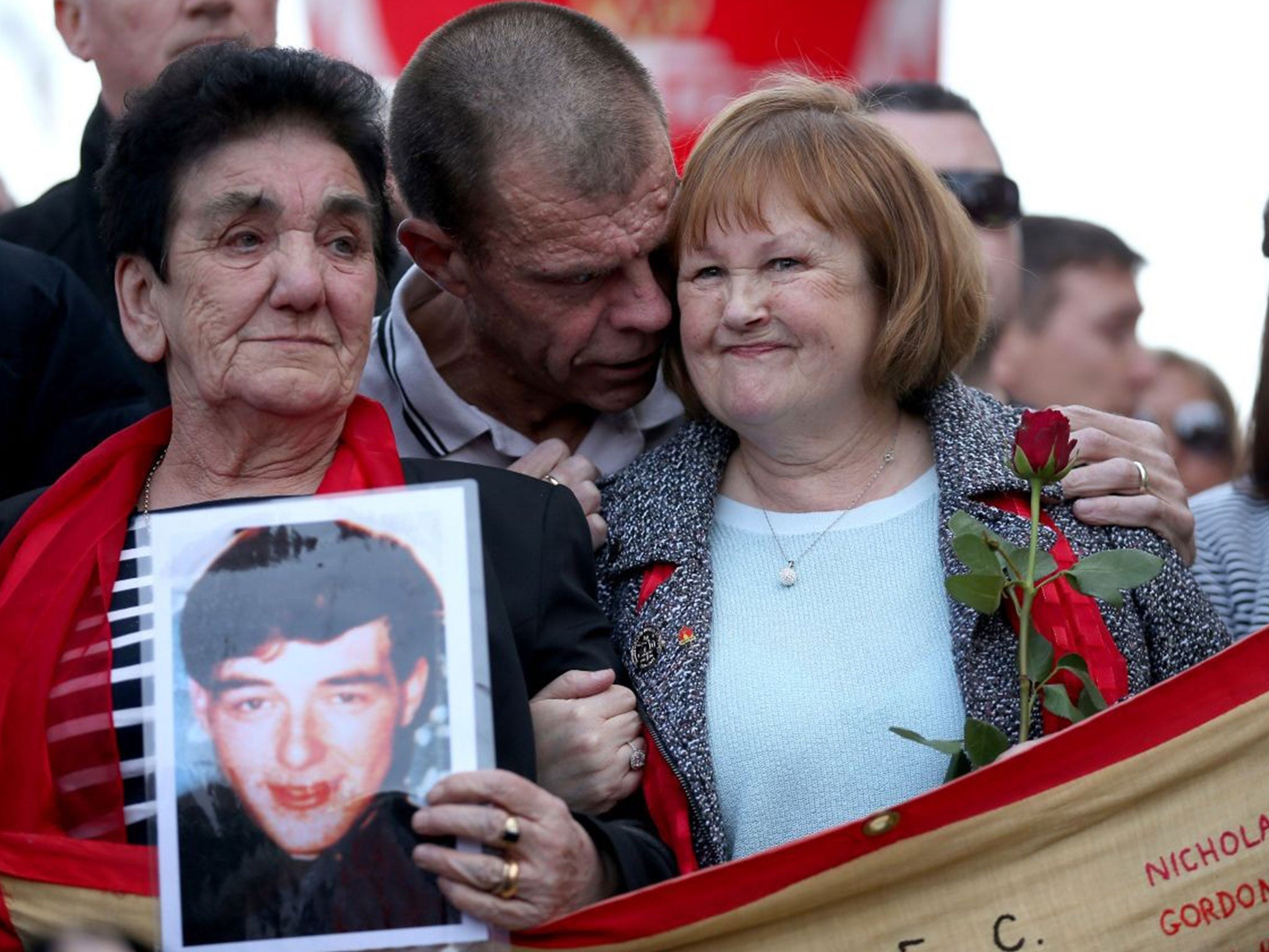 Members of the Hillsborough Justice Campaign group march to Anfield for a memorial service marking the 25th anniversary of the Hillsborough Disaster at Anfield stadium in Liverpool