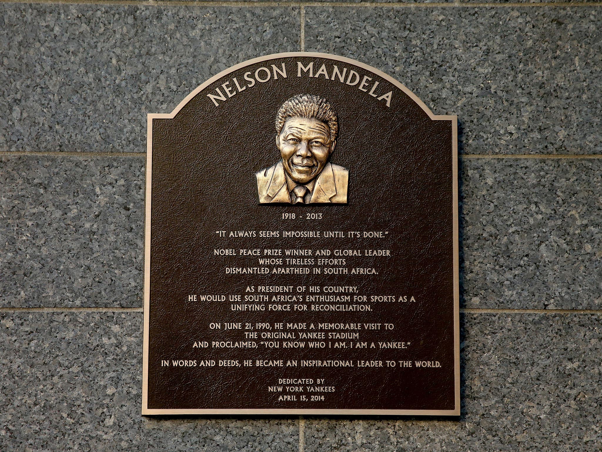 The plaque at the New York Yankees' Memorial Park that pays tribute to the late Nelson Mandela