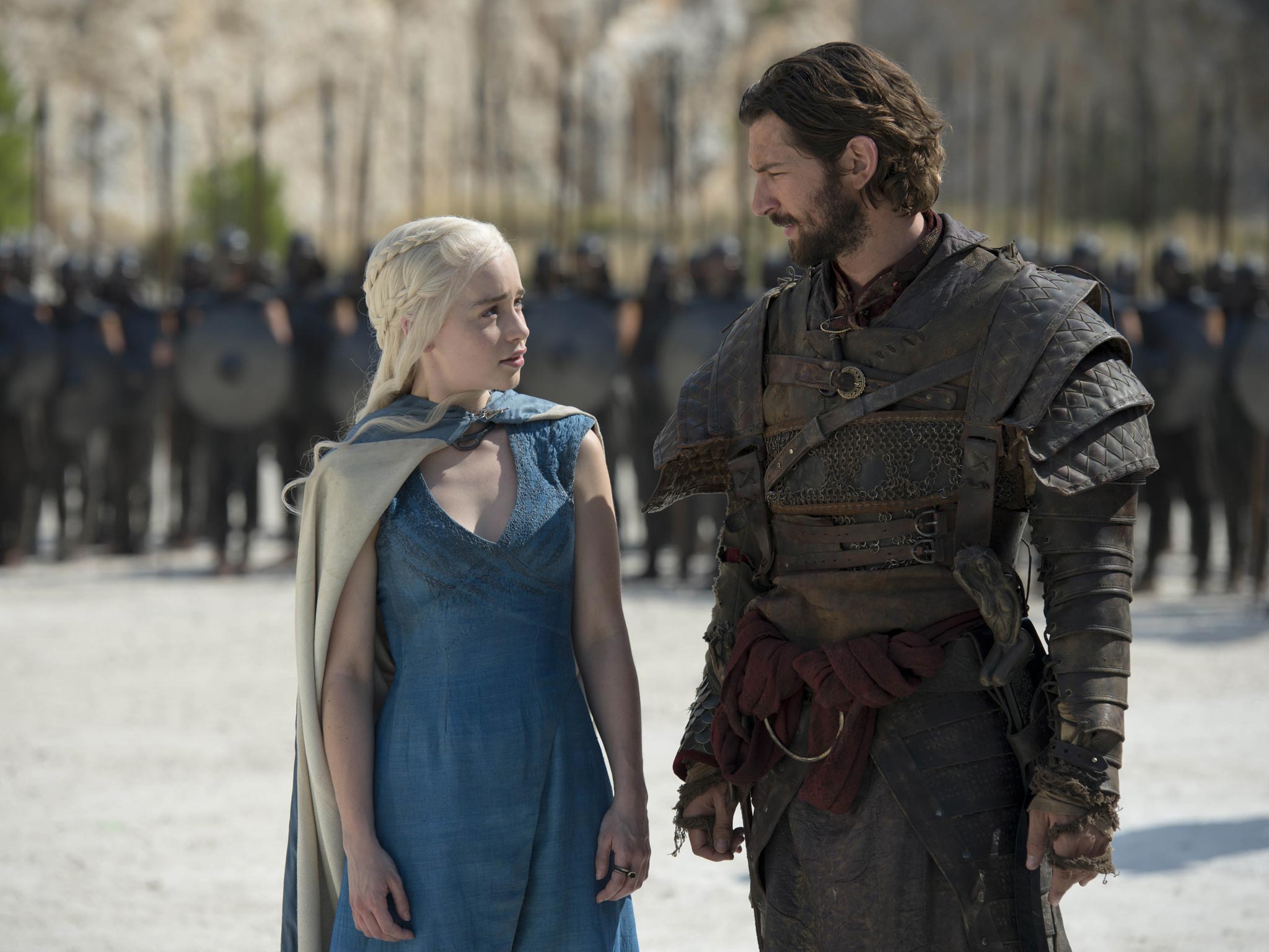 Emilia Clarke as Daenerys Targaryen and Michiel Huisman as Daario Naharis