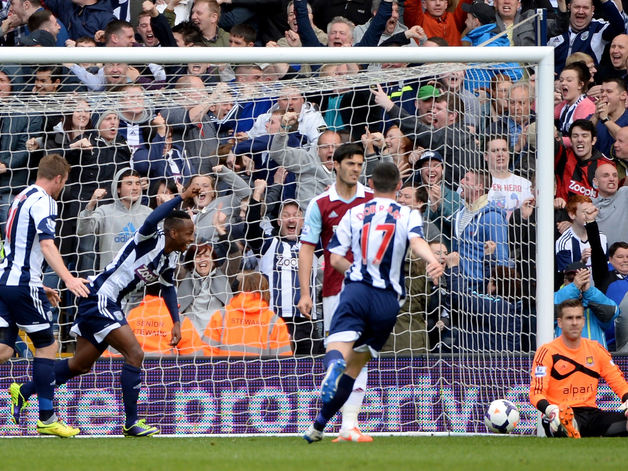 Saido Berahino wheels away after firing home the Baggies' opener