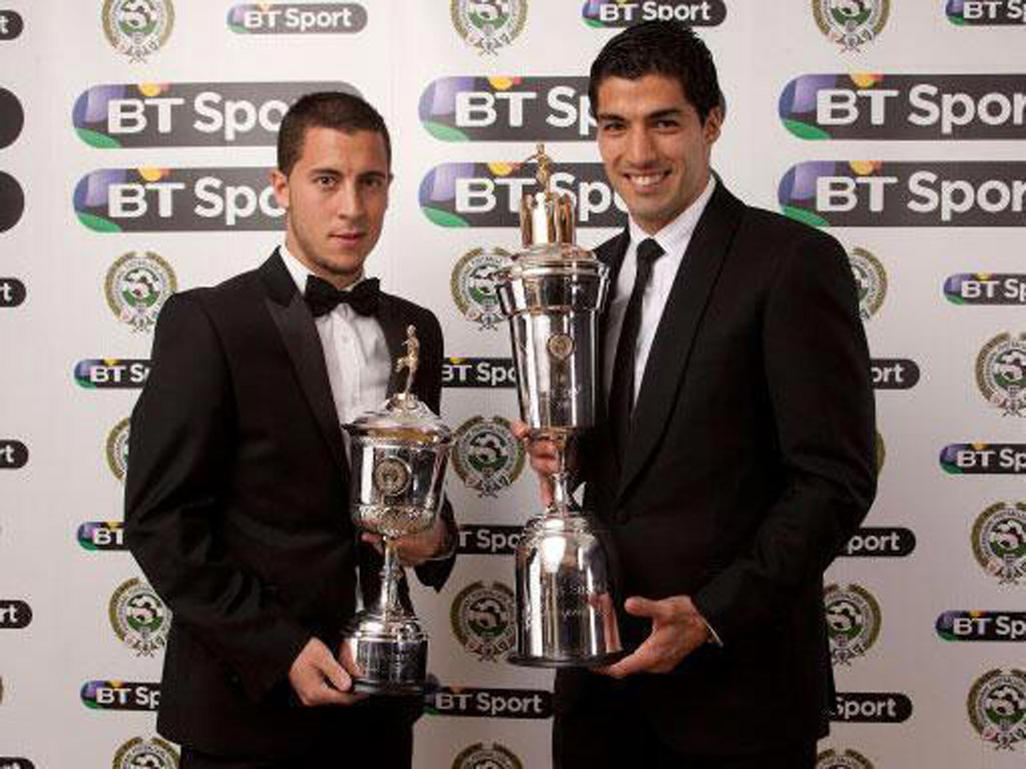 Eden Hazard and Luis Suarez celebrate their respective Young Player and Player of the Year awards at the PFA's ceremony on Sunday