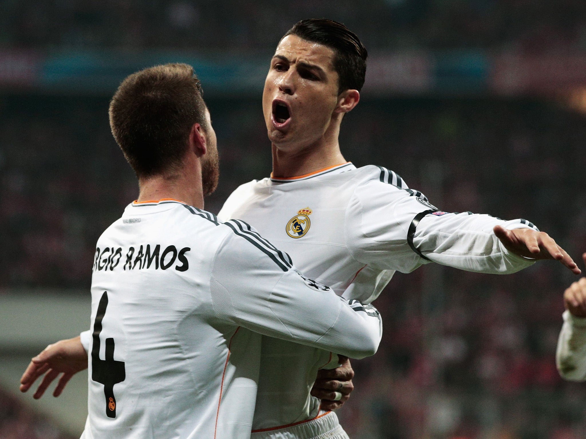 Goal scorers Cristiano Ronaldo and Sergio Ramos celebrate together