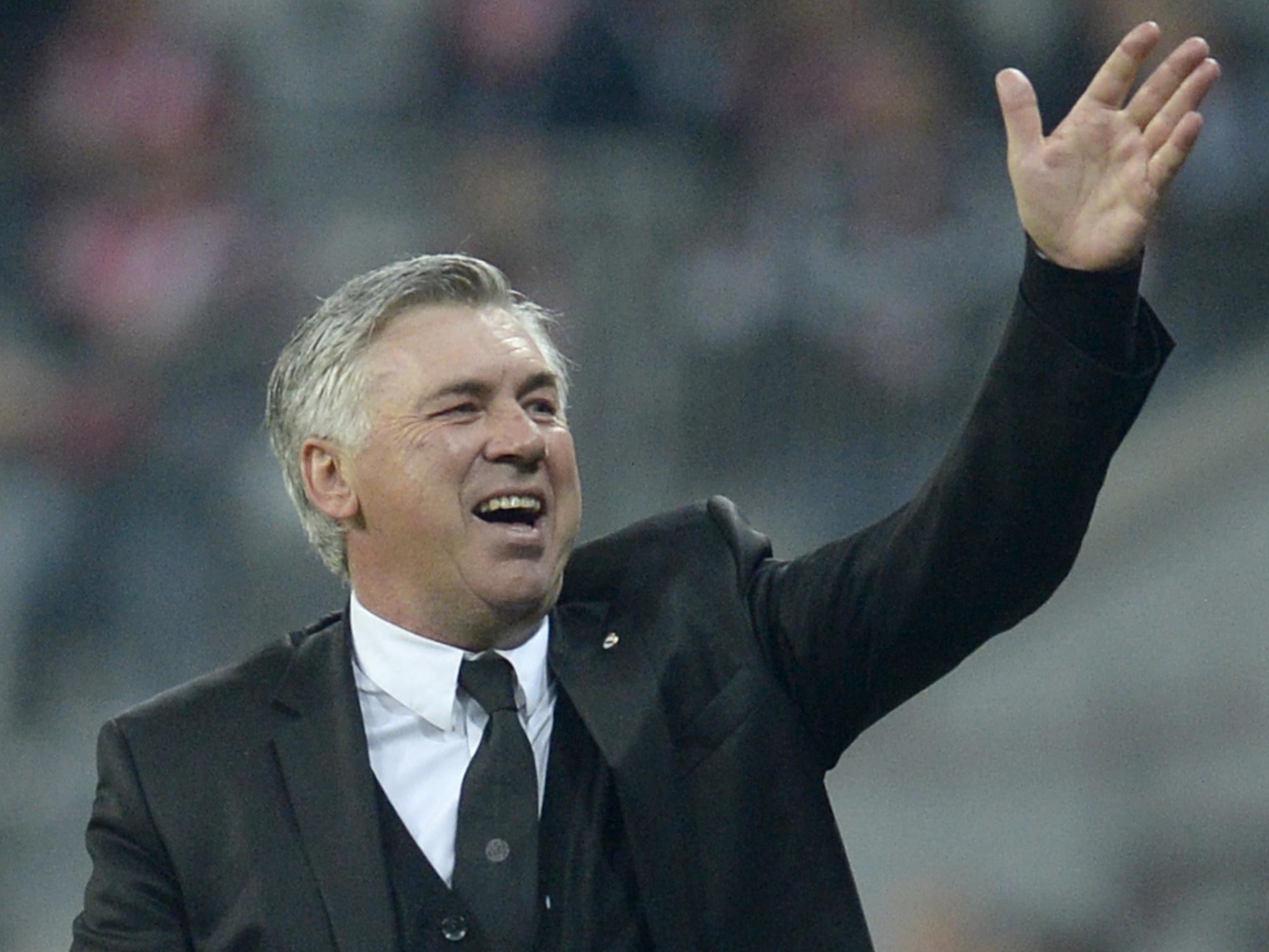 Carlo Ancelotti celebrates Real Madrid's 4-0 victory over Bayern Munich at the Allianz Arena