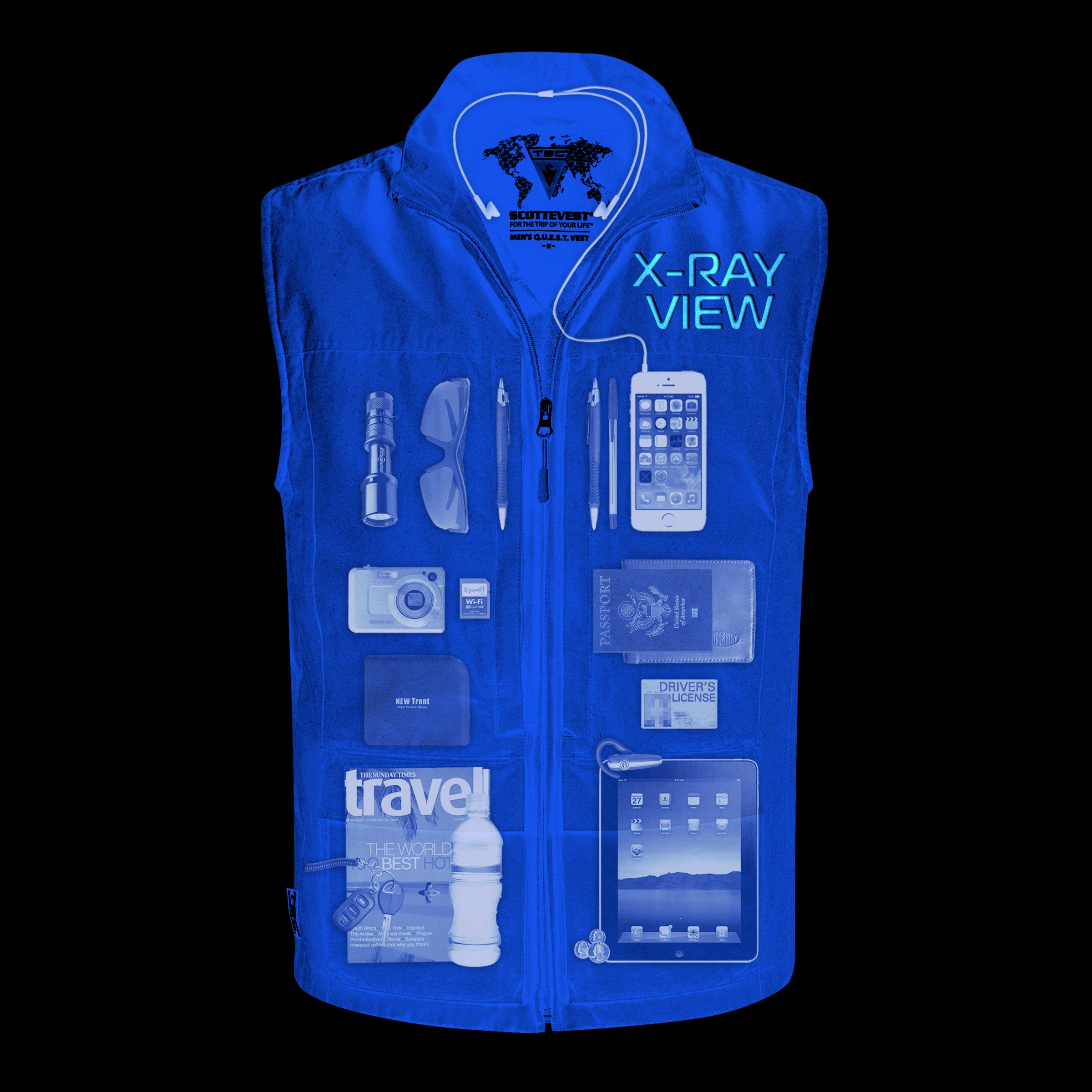 The Quest vest is one of the company's most spacious, with room for magazines, cameras and tablets. Source: Scottevest.