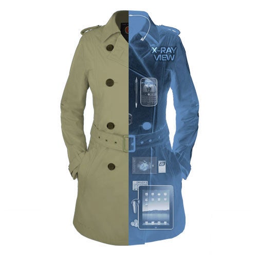 A shock for security staff: the roomy trench coat looks traditional from the outside — but stores iPads and magazines inside. Source: Scottevest.
