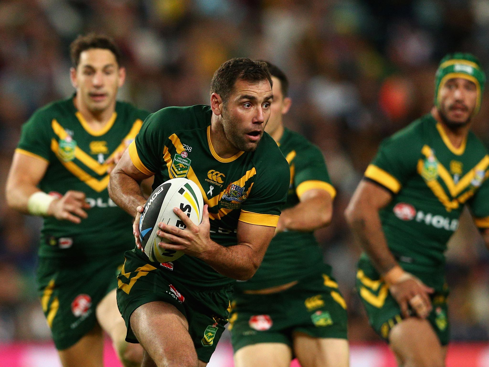 Cameron Smith of the Kangaroos runs the ball during the ANZAC Test match between the Australian Kangaroos and the New Zealand Kiwis at Allianz Stadium