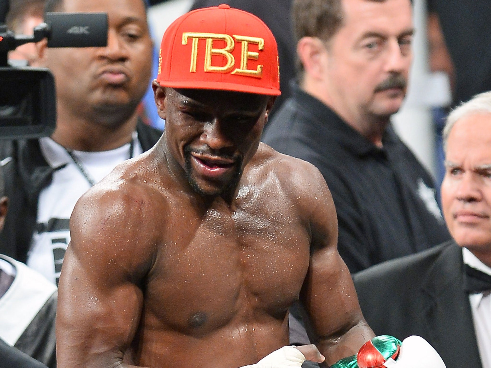 Floyd Mayweather celebrates his victory over Marcos Maidana on Saturday night