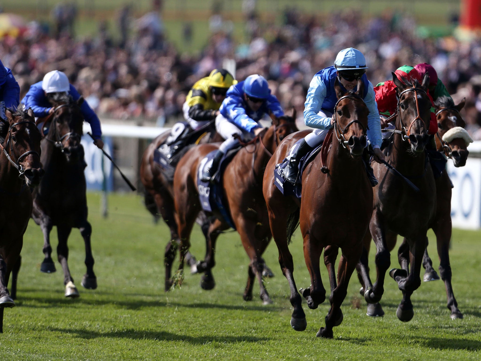 Miss France, ridden by Maxime Guyon, wins the 1,000 Guineas at Newmarket