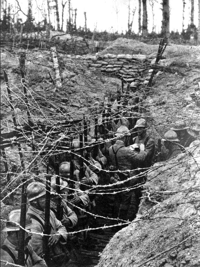 French troops line up for inspection on a trench on the Western Front