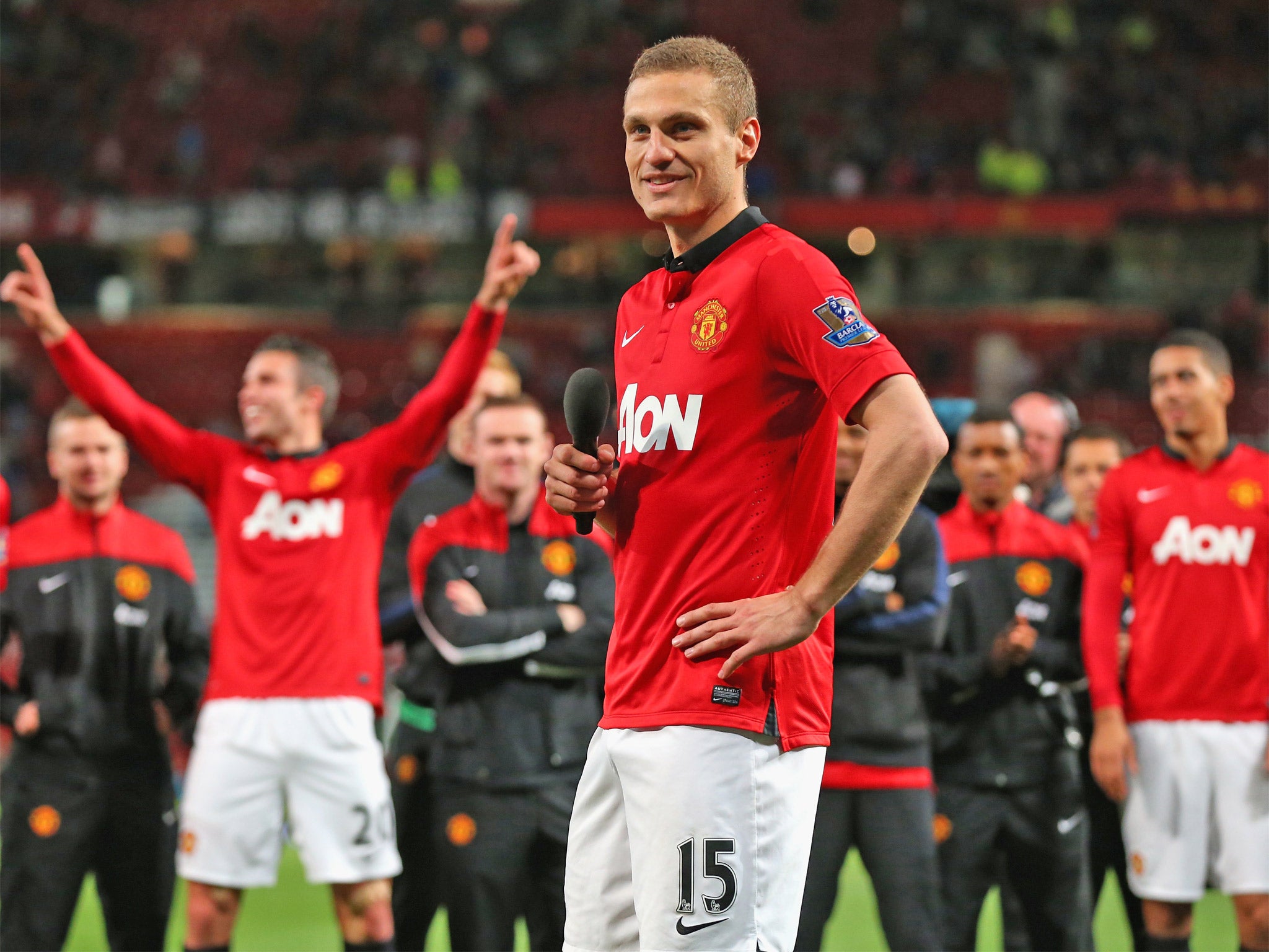 Nemanja Vidic takes to the mic to say goodbye to the United fans (Getty)