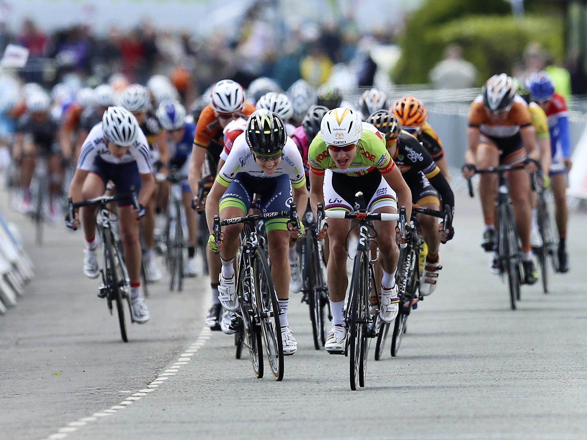 Marianne Vos (front right) wins stage three of the Women’s Tour in Clacton yesterday to take the overall race lead