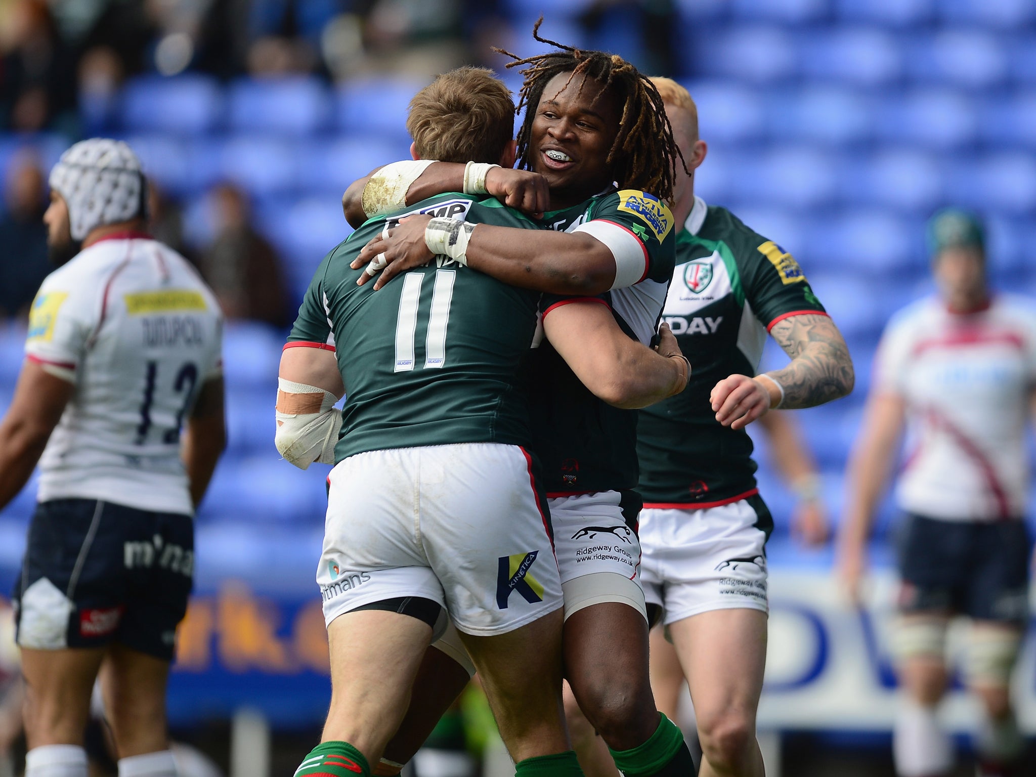 Andy Fenby celebrates his try for London Irish with Marland Yarde in the 22-20 win over Sale Sharks