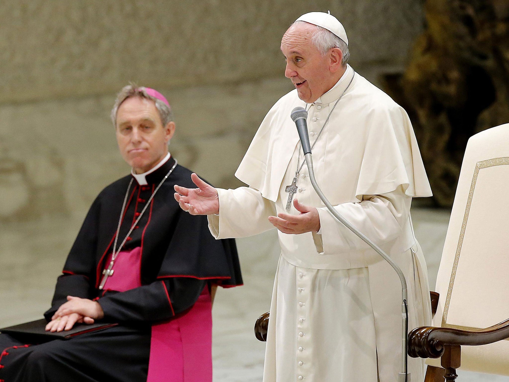 Pope Francis presides over a meeting involving schools, colleges and clergy from Rome in the Paul VI audience hall at the Vatican