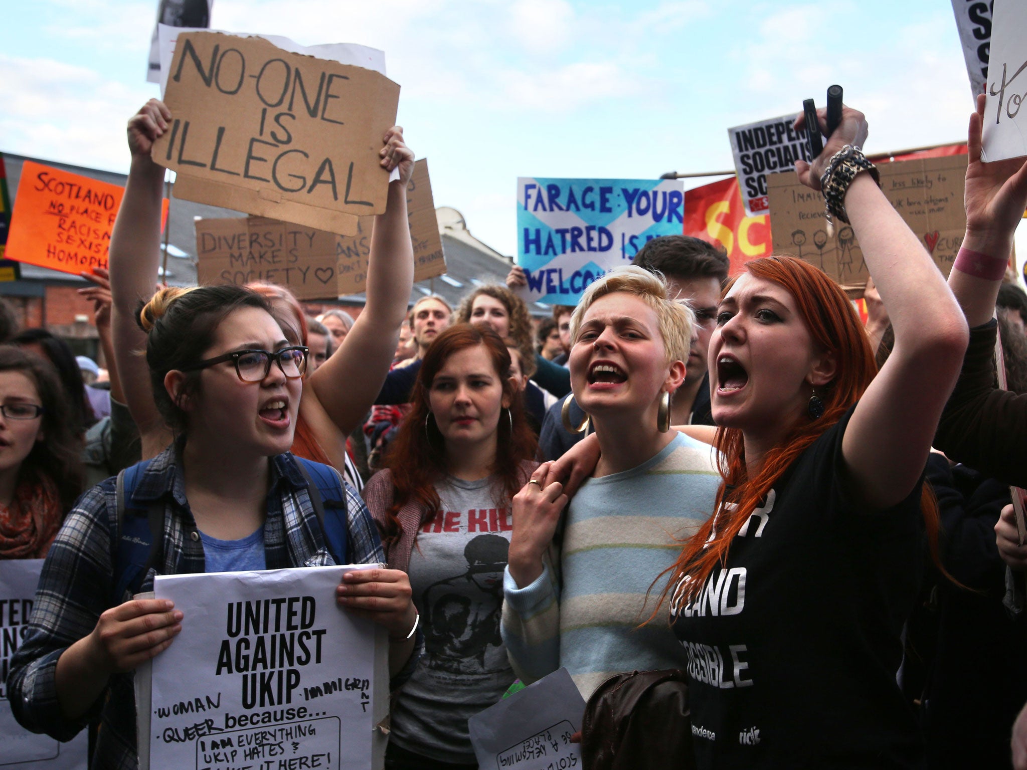 Protestors outside a Ukip rally at the Corn Exchange, Edinburgh, where Ukip leader Nigel Farage said he could snatch two seats in Scotland for the European Parliament