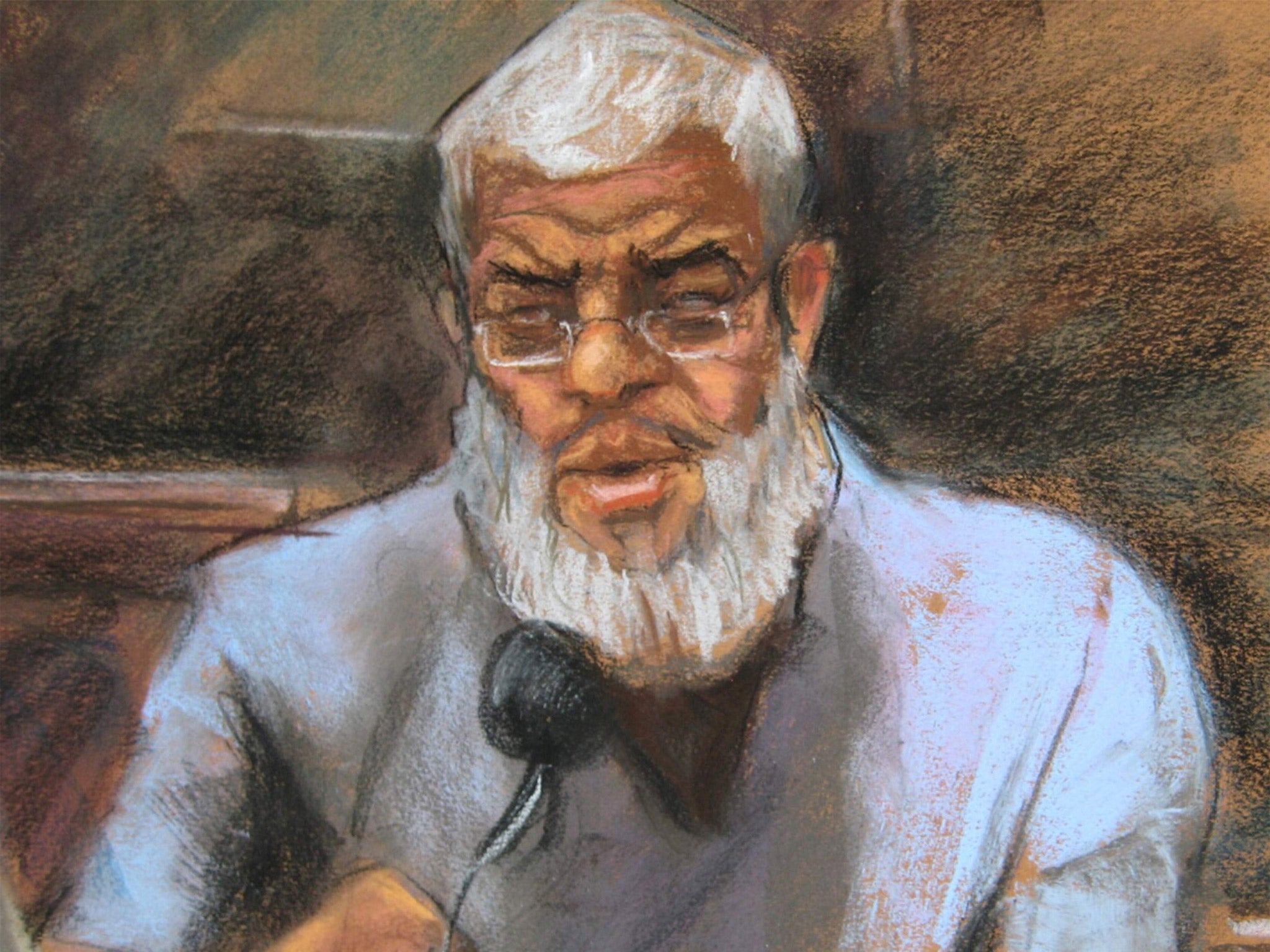 A court drawing of Abu Hamza in New York, where prosecutors described his protestations of innocence as ‘absurd’