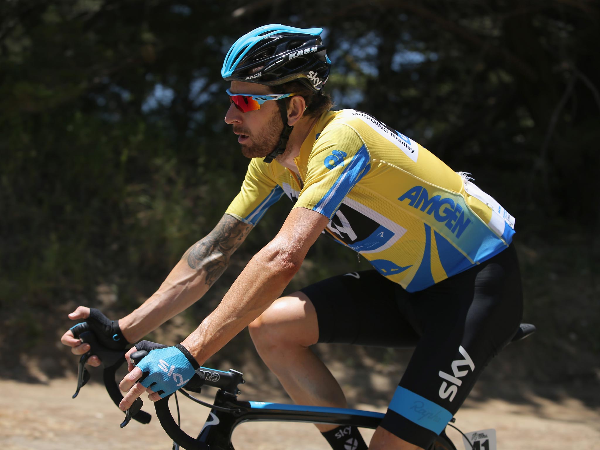 Sir Bradley Wiggins in the Tour of California yellow jersey on stage four