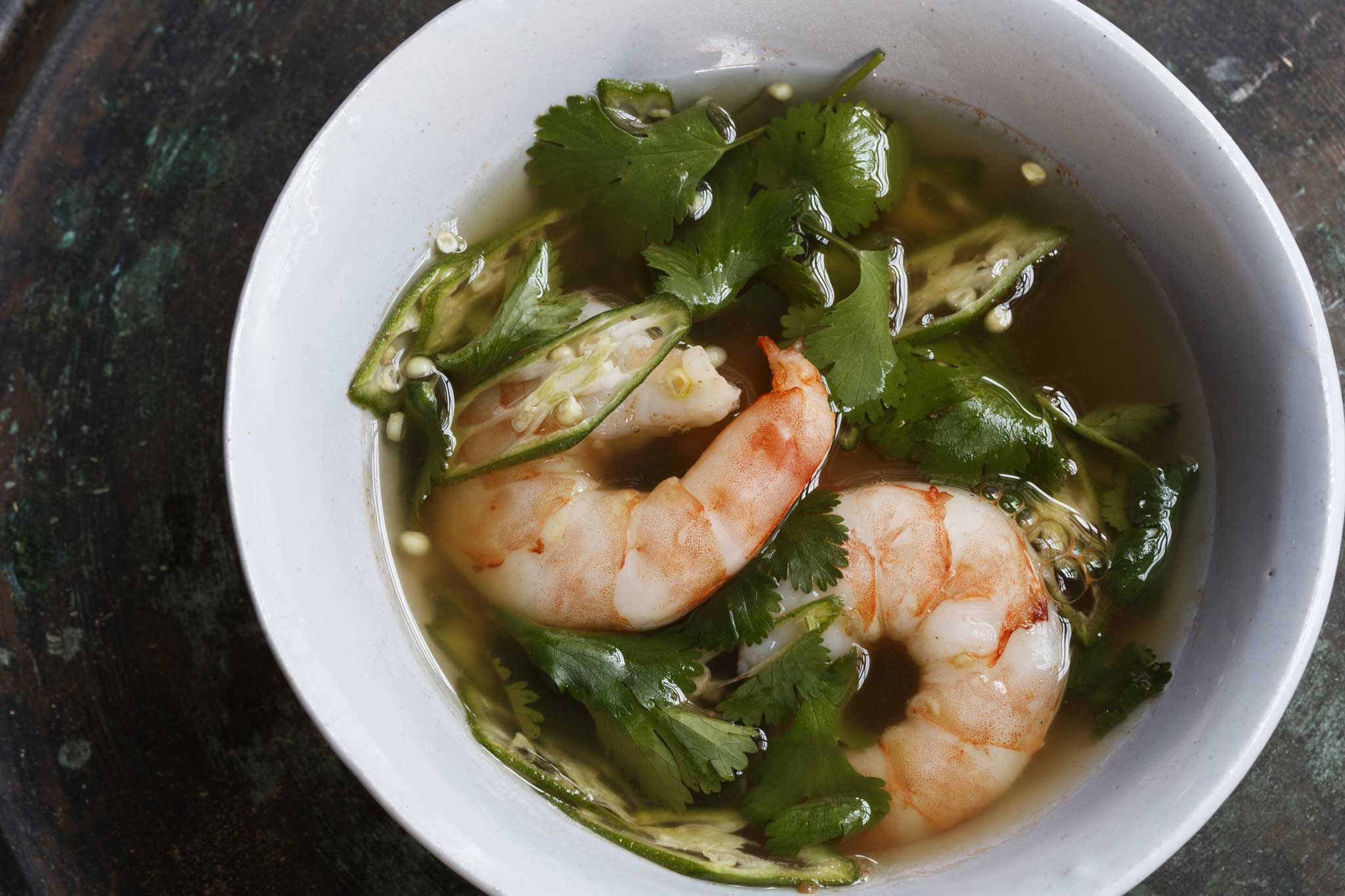 Asian influence: Prawn, okra and coriander broth