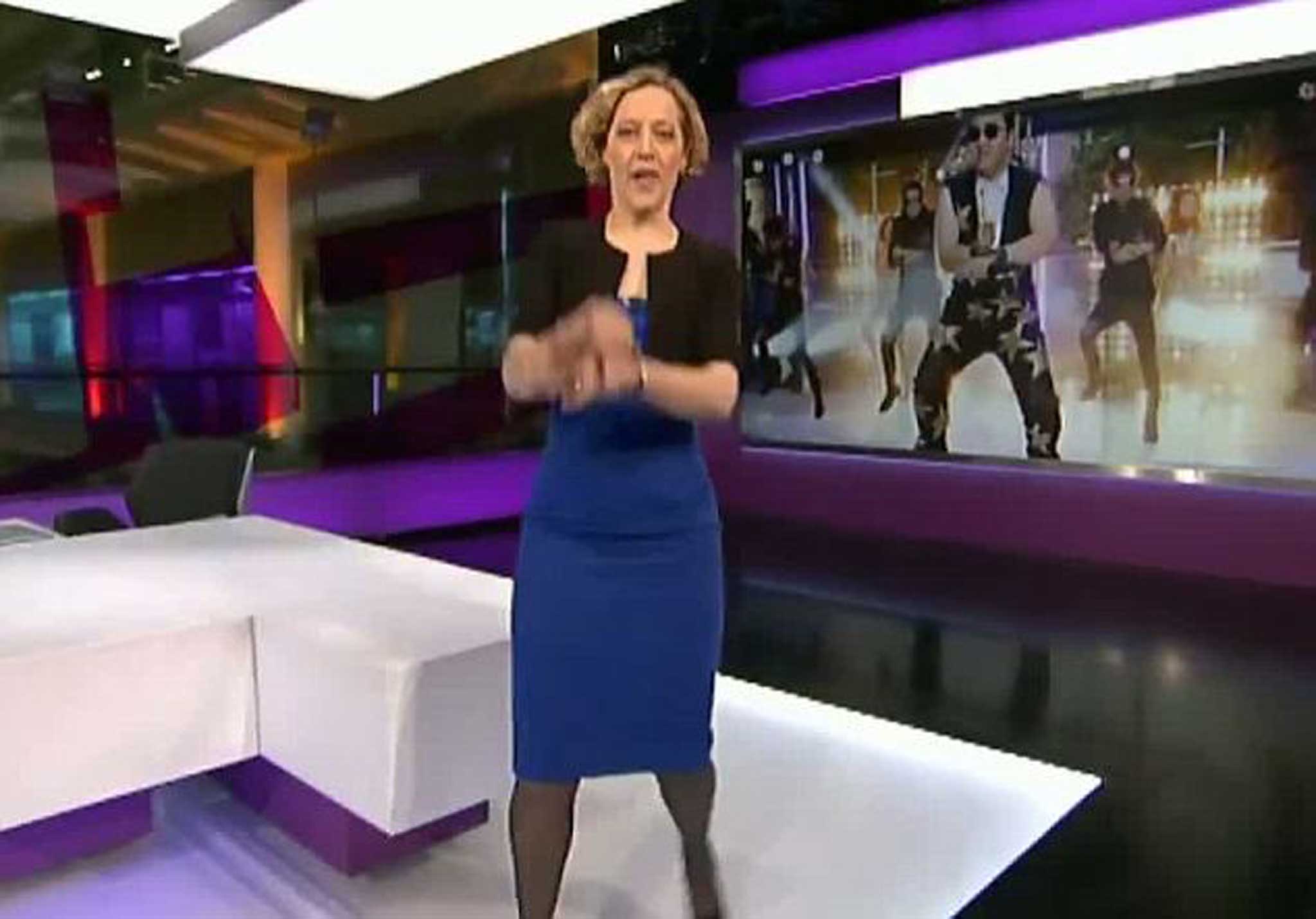 Korea progression: Cathy Newman busting her best 'Gangnam Style' dance moves during an online segment of Channel 4 News