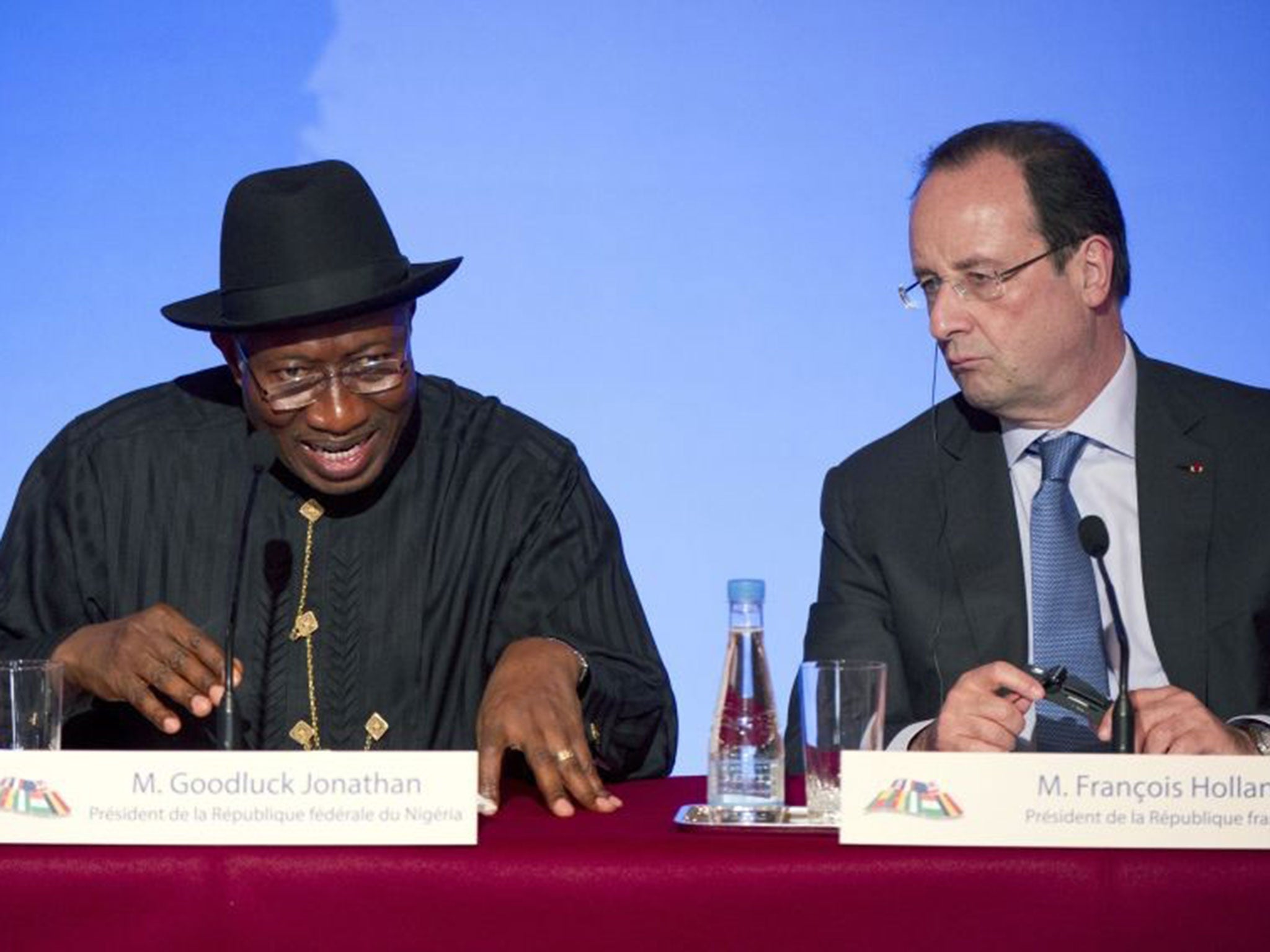 Nigeria's president, Goodluck Jonathan, with François Hollande at the Paris summit