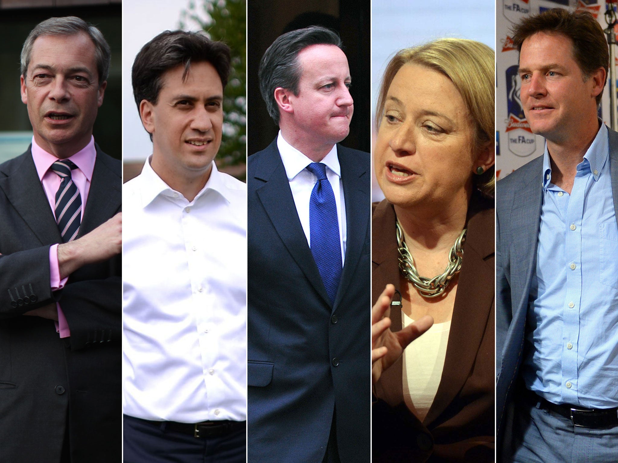 From left: Nigel Farage; Ed Miliband; David Cameron; Natalie Bennett; and Nick Clegg