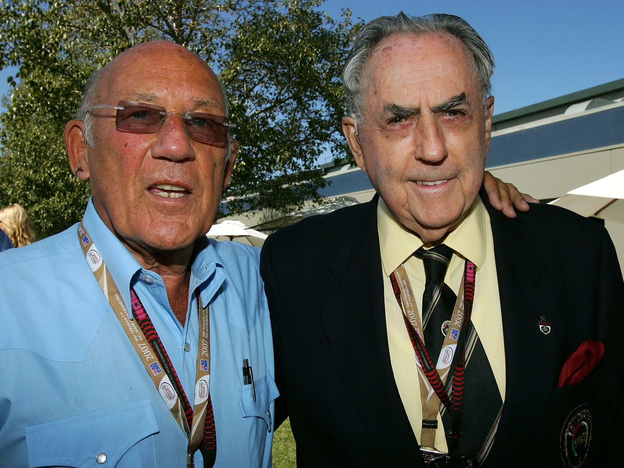 Stirling Moss and Jack Brabham pose together at the 2007 Australian Grand Prix