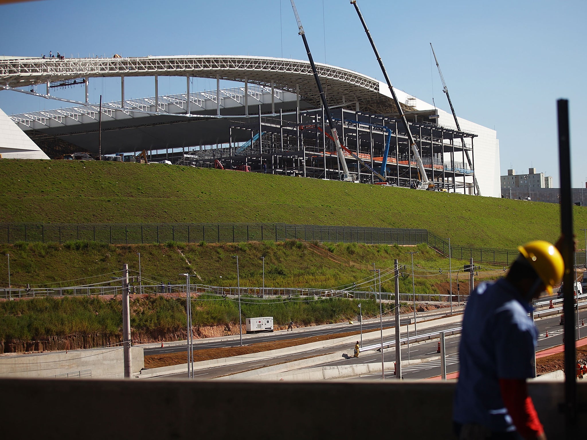 Construction work continues at the Itaquerao stadium, also known as Arena de Sao Paulo and Arena Corinthians