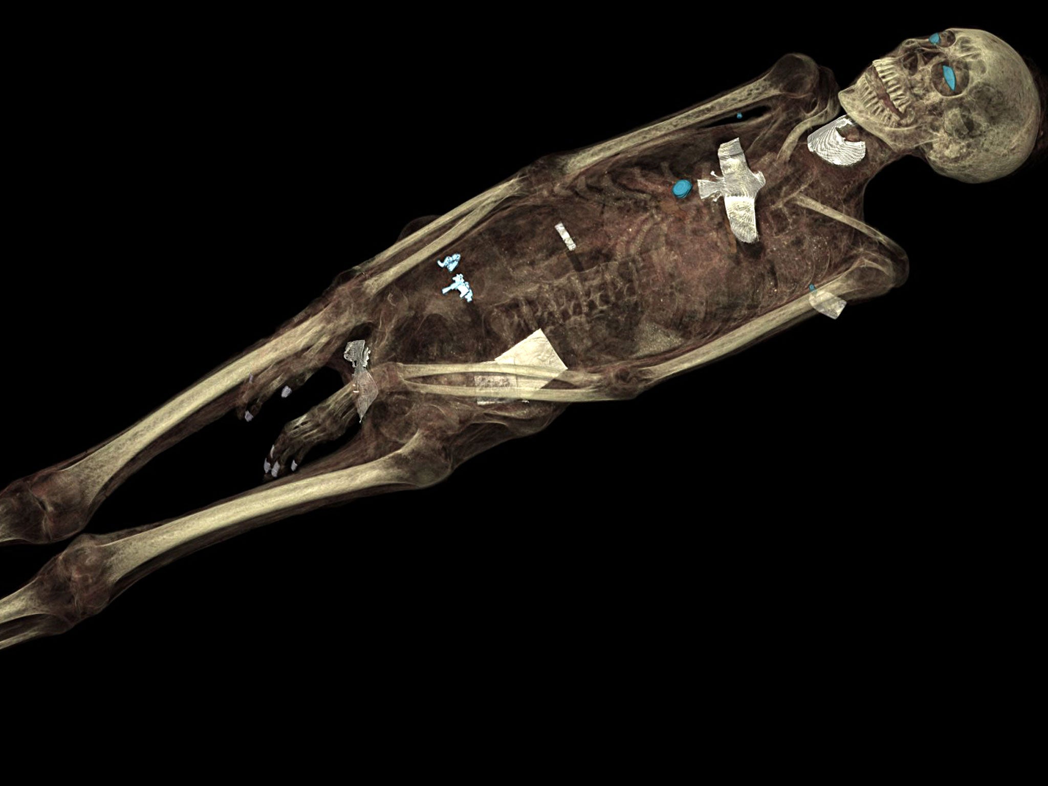 Close to the bone: CT scan 3D visualisation of the mummified remains of Tayesmutengebtiu, also called Tamut, with her skeleton and amulets