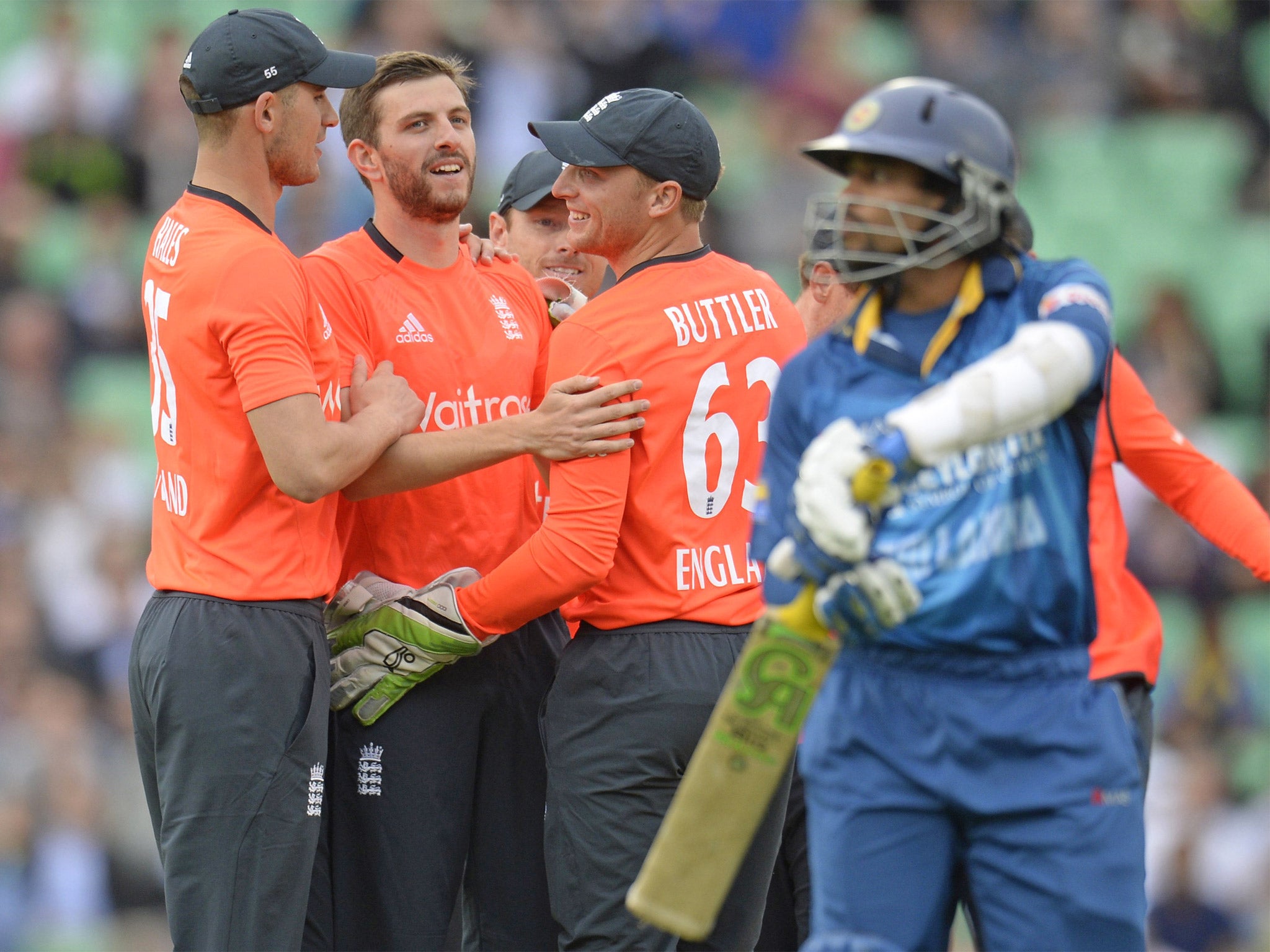 Harry Gurney takes the plaudits after bowling Tillakaratne Dilshan at the Kia Oval