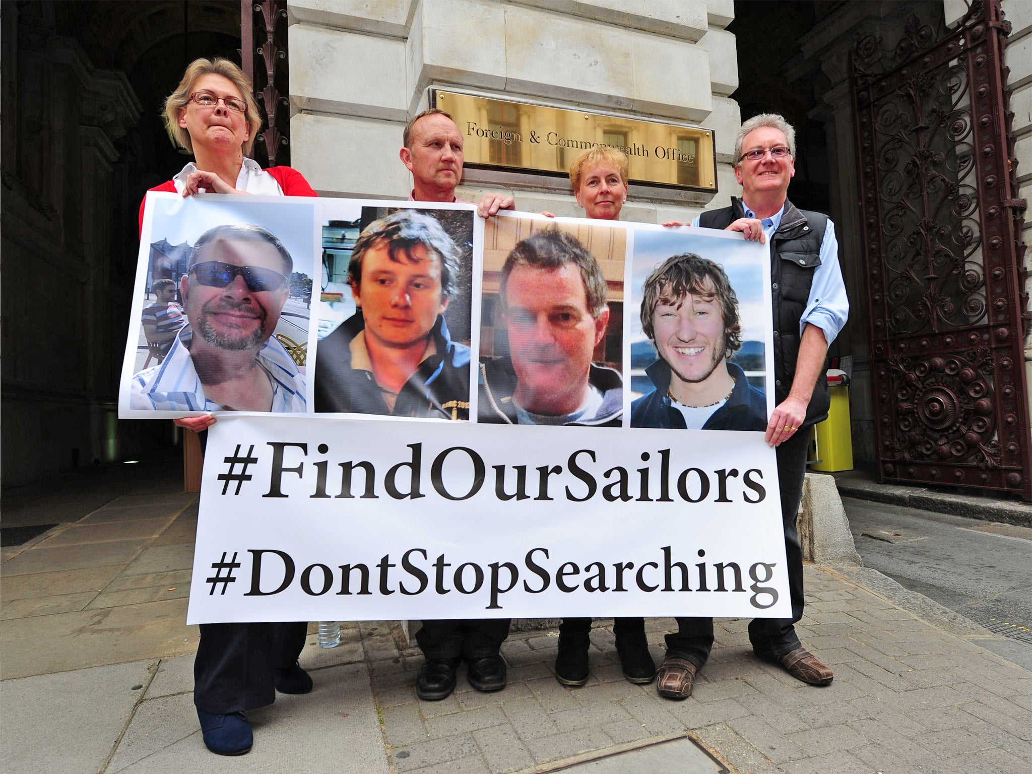 Fighting for their loved ones are, from left, Cressida Goslin, wife of Paul Goslin, David Bridge, father of Andrew, Gloria Hamlet, girlfriend of Steve Warren and Graham Male, father of James