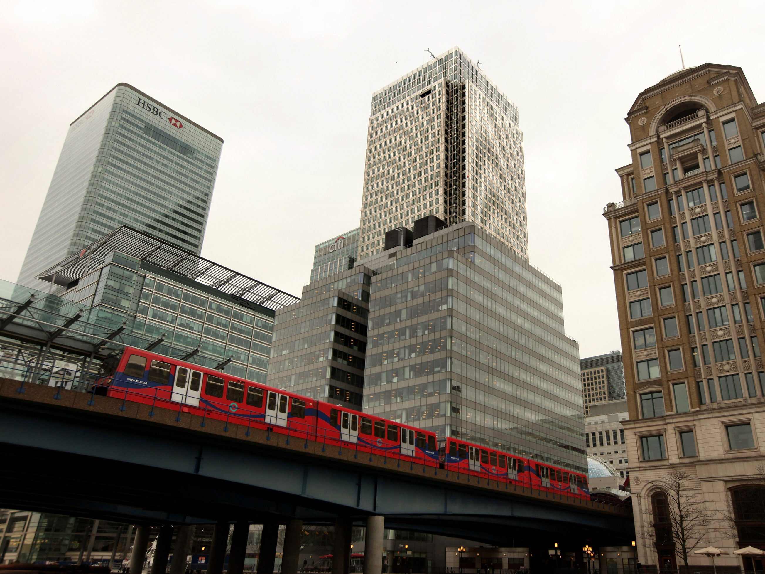 The DLR passing through Canary Wharf