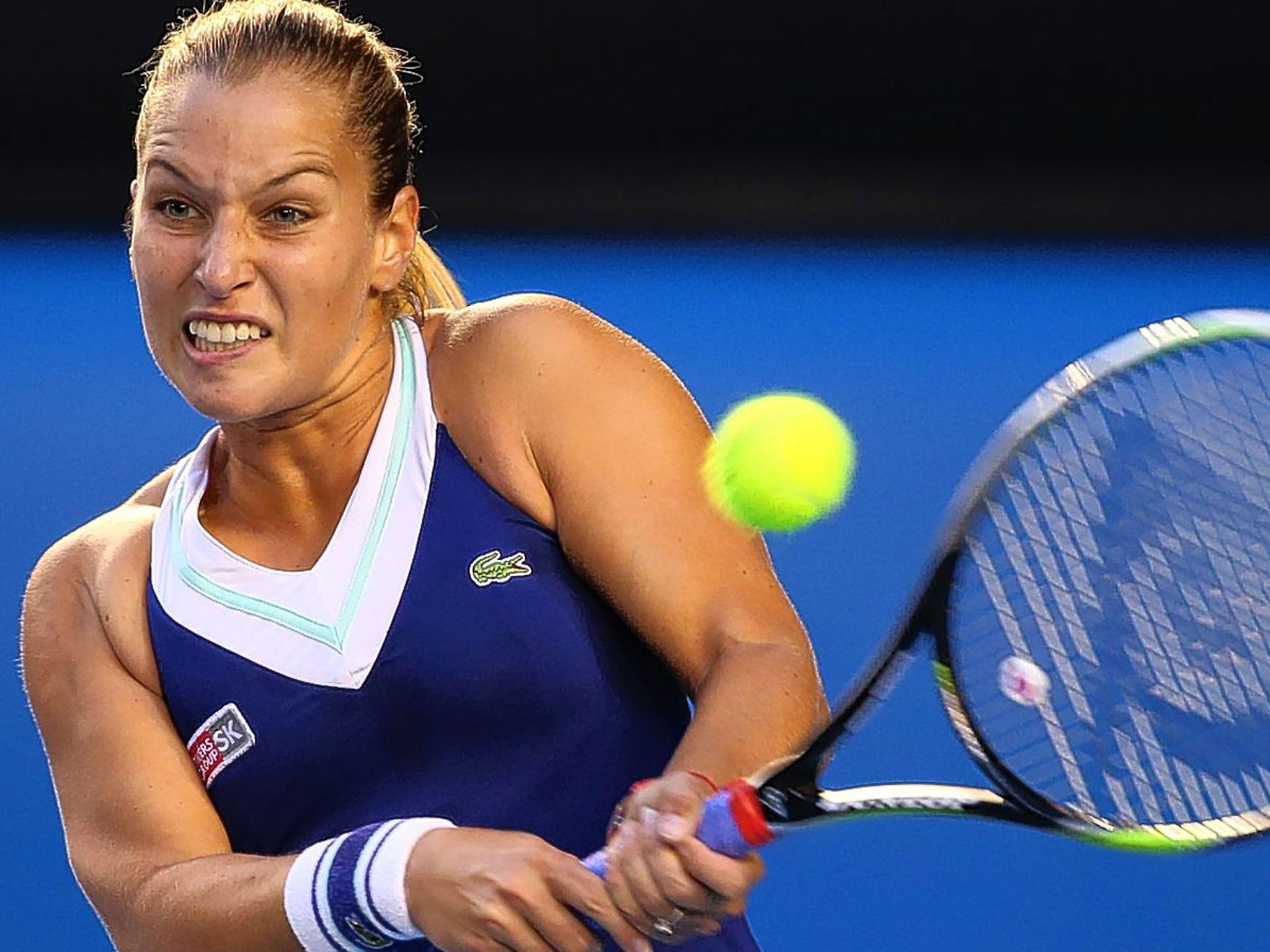 Slovakia’s Dominika Cibulkova plays a backhand against Li Na in the Australian Open final in January