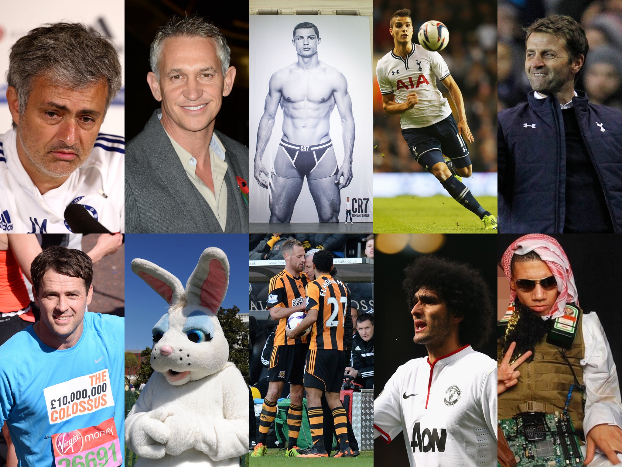 (Top row) Jose Mourinho, Gary Lineker, Cristiano Ronaldo, Erik Lamela, Tim Sherwood (bottom row) Michael Owen, a rabbit, David Meyler and Alan Pardew, Marouane Fellaini and Chris Smalling