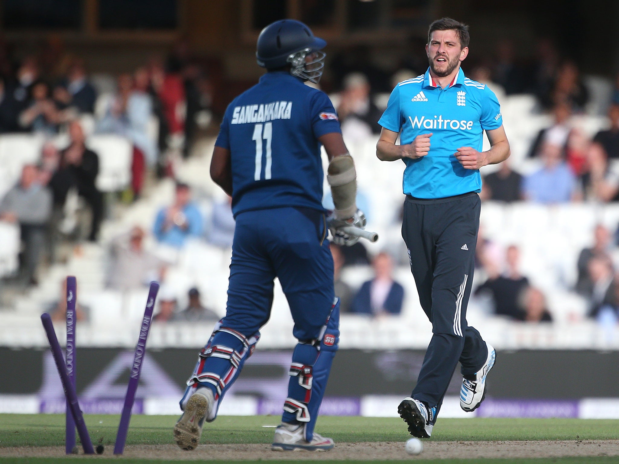 Harry Gurney celebrates his first ODI wicket as he clean bowls Kumar Sangakkara