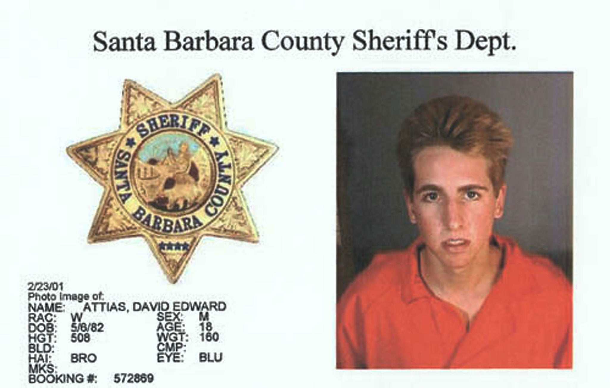 Santa Barbara County Sheriff's Department photo shows David Edward Attias following his arrest in 2001