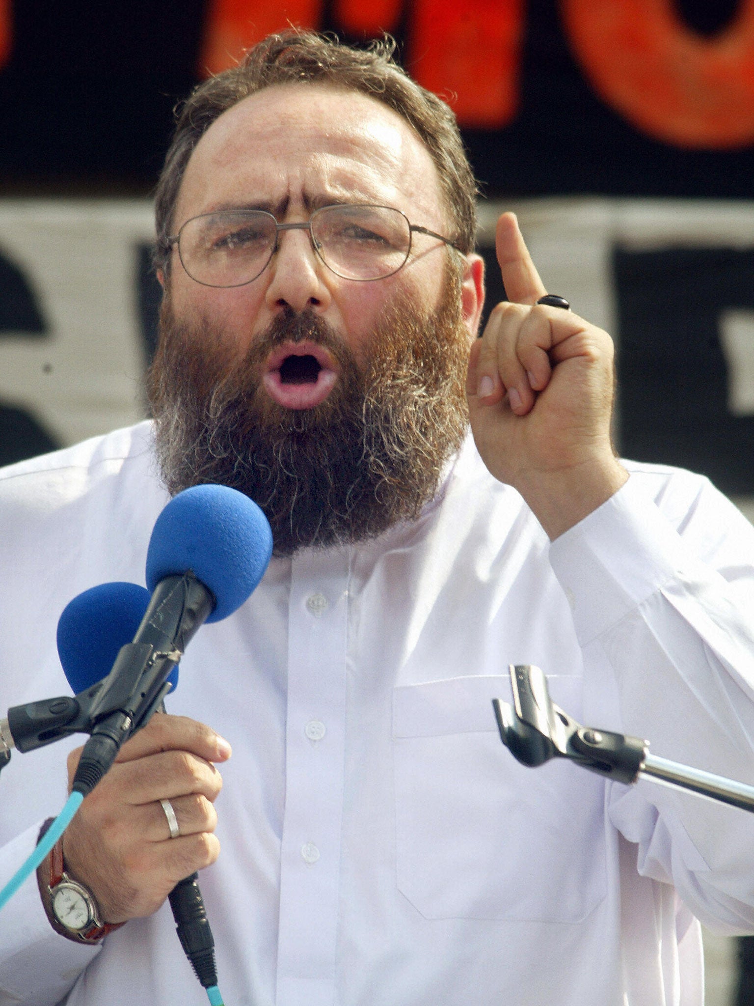 Omar Bakri Mohamed at a rally in London. He faced suggestions he could be tried for treason