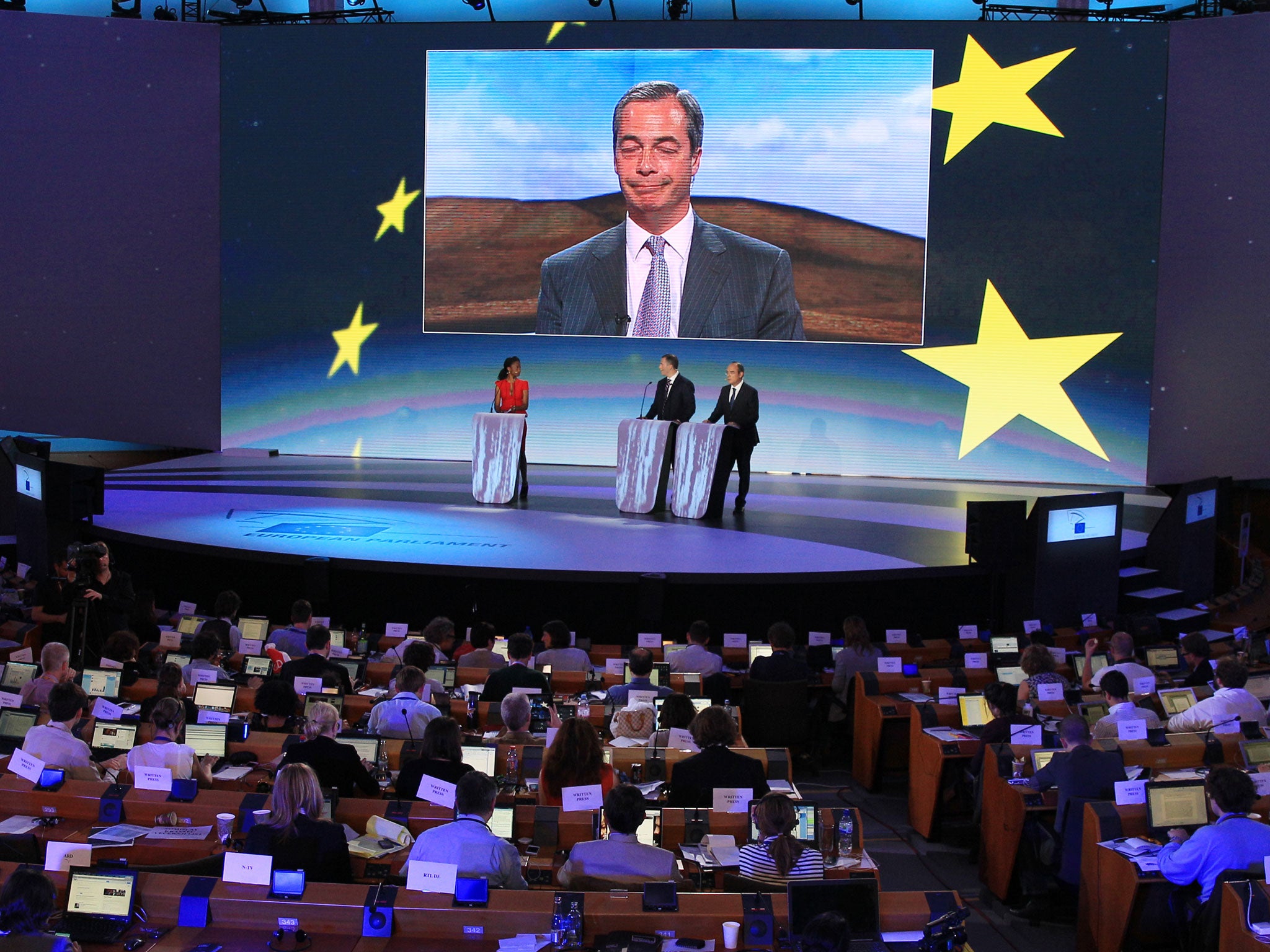 Nigel Farage on a video link at the European Parliament in Brussels