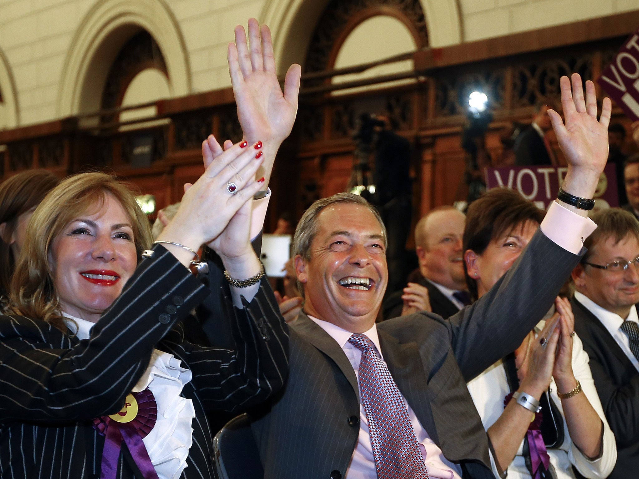 Ukip leader Nigel Farage celebrating election results with Janice Atkinson, left, last year