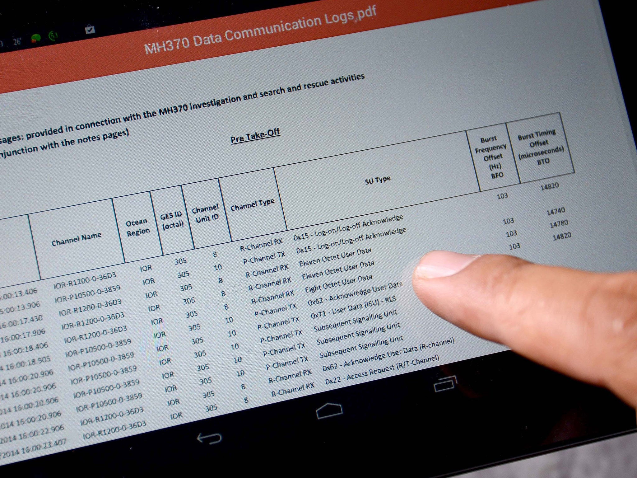 This photo illustration shows a journalist looking on the data communication logs from British satellite operator Inmarsat and released by the Malaysian authorities on 27 May