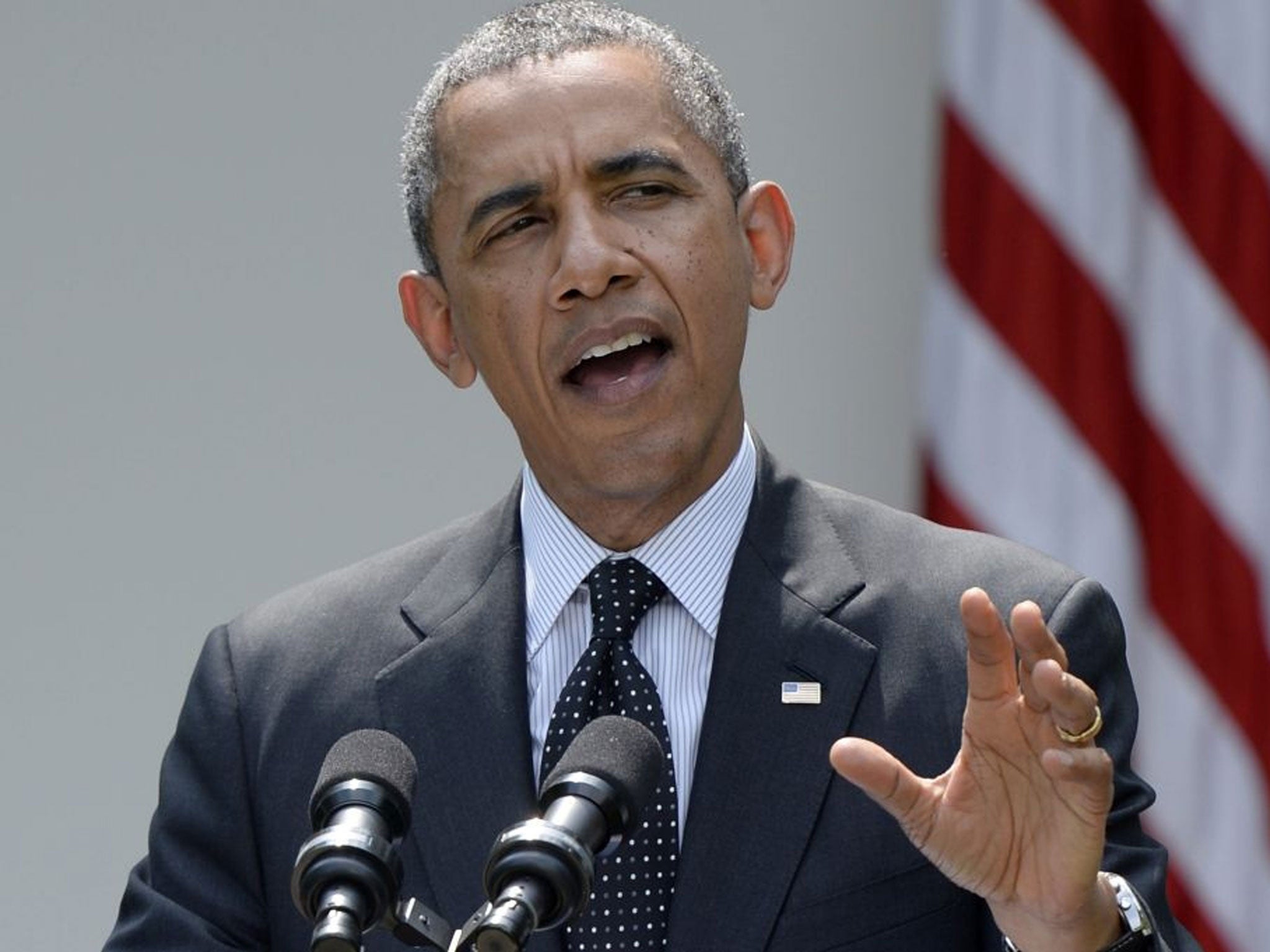 US President Barack Obama delivers a statement on Afghanistan, in the Rose Garden of the White House in Washington DC, USA, 27 May 2014. Obama discussed the US drawdown in Afghanistan.