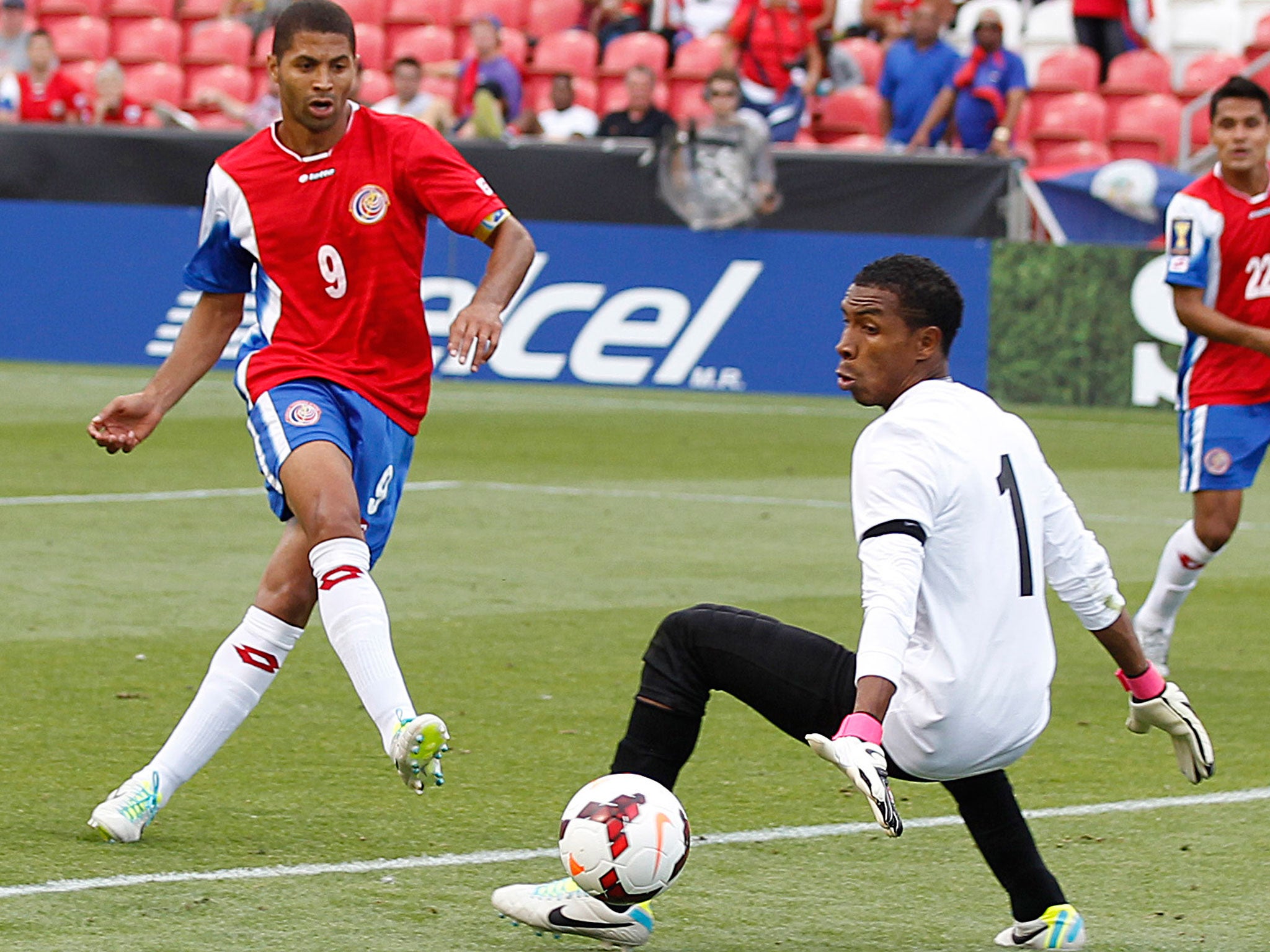 Alvaro Saborio #9 of Costa Rica takes a shot on goal past Goalie Woodrow West #1 of Belize during the second half of a CONCACAF Gold Cup match