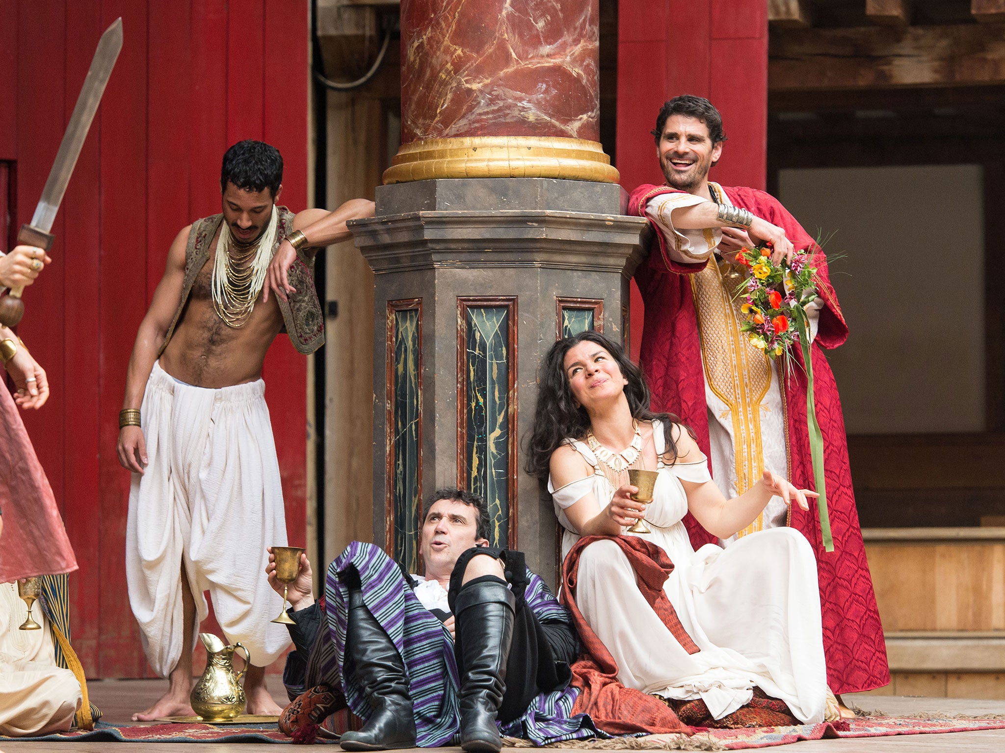 Phil Daniels as Enobarbus, Sirine Saba as Charmian and Daniel Rabin as Agrippa in Jonathan Munby's Antony and Cleopatra