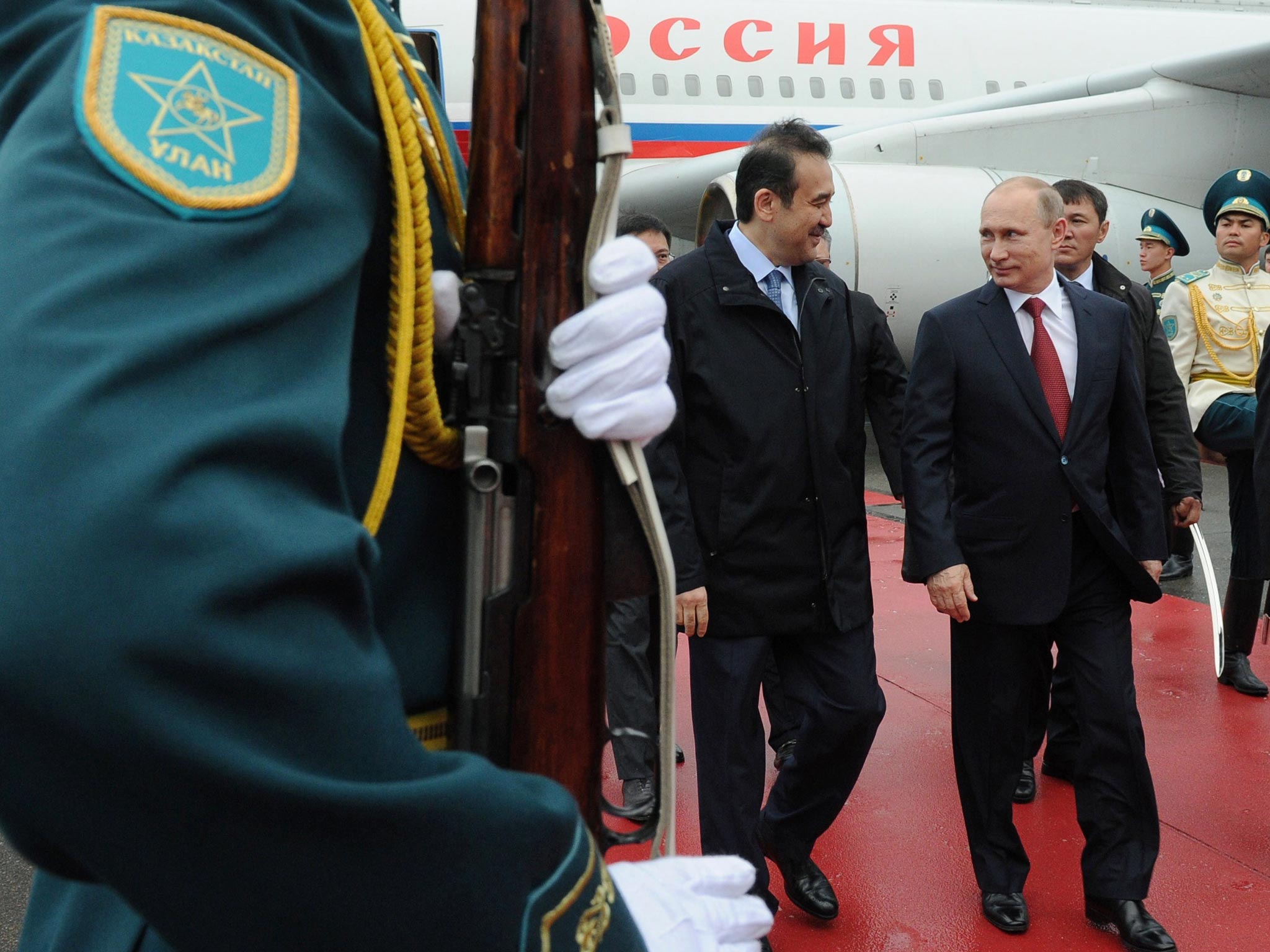 Russian President Vladimir Putin and Prime Minister of Kazakhstan Karim Massimov ahead of the Eurasian Economic Union meeting