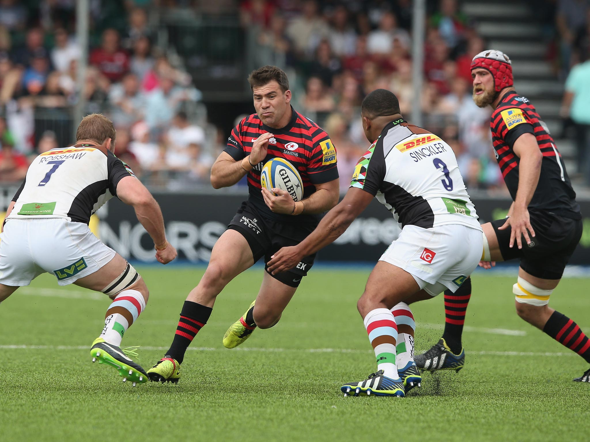 Saracens’ Schalk Brits (centre) is sure to be in the thick of things in today's Premiership final as he was in the semi-final against Quins