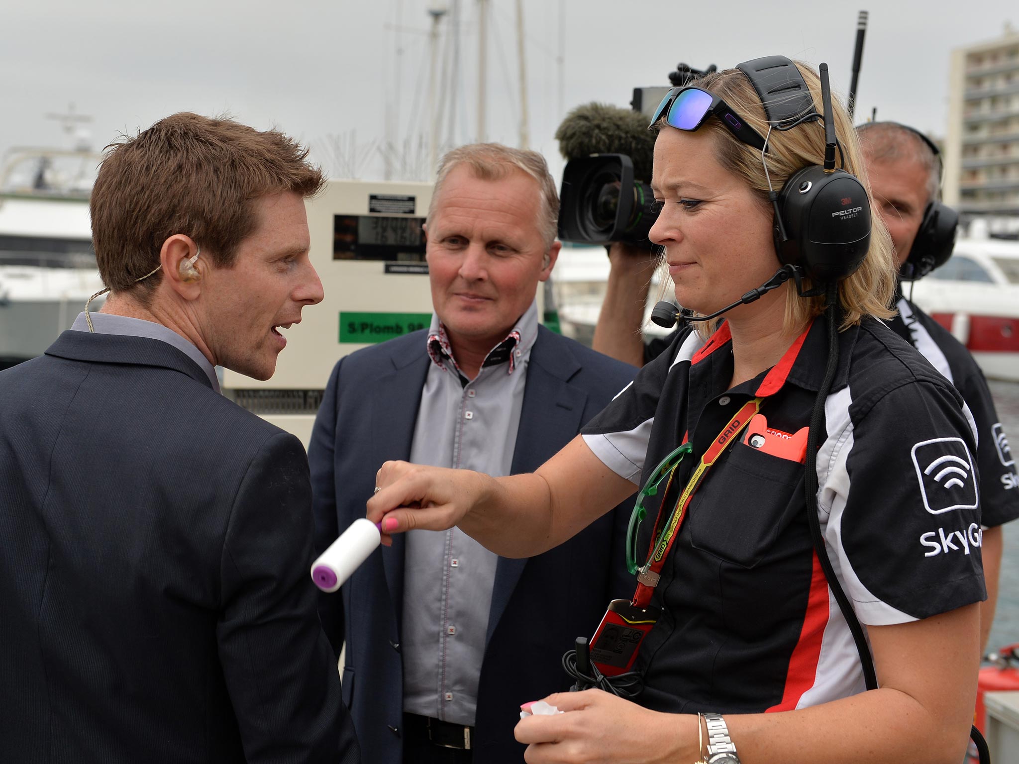 Sky floor manager Kate Strophair looking after Anthony Davidson and Herbert