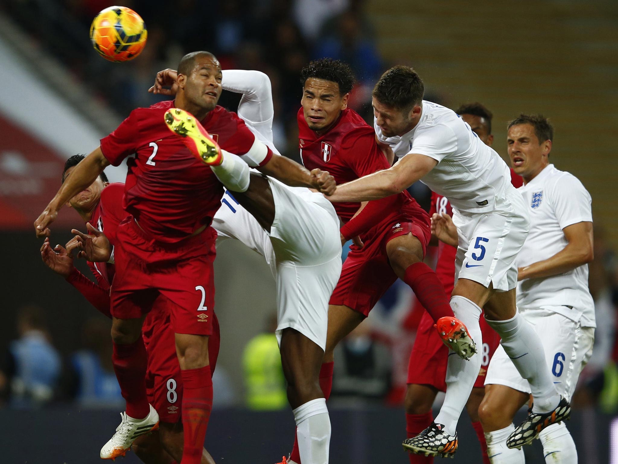 All eyes are on the shot by Daniel Sturridge as it curls past the Peru keeper for England’s opener