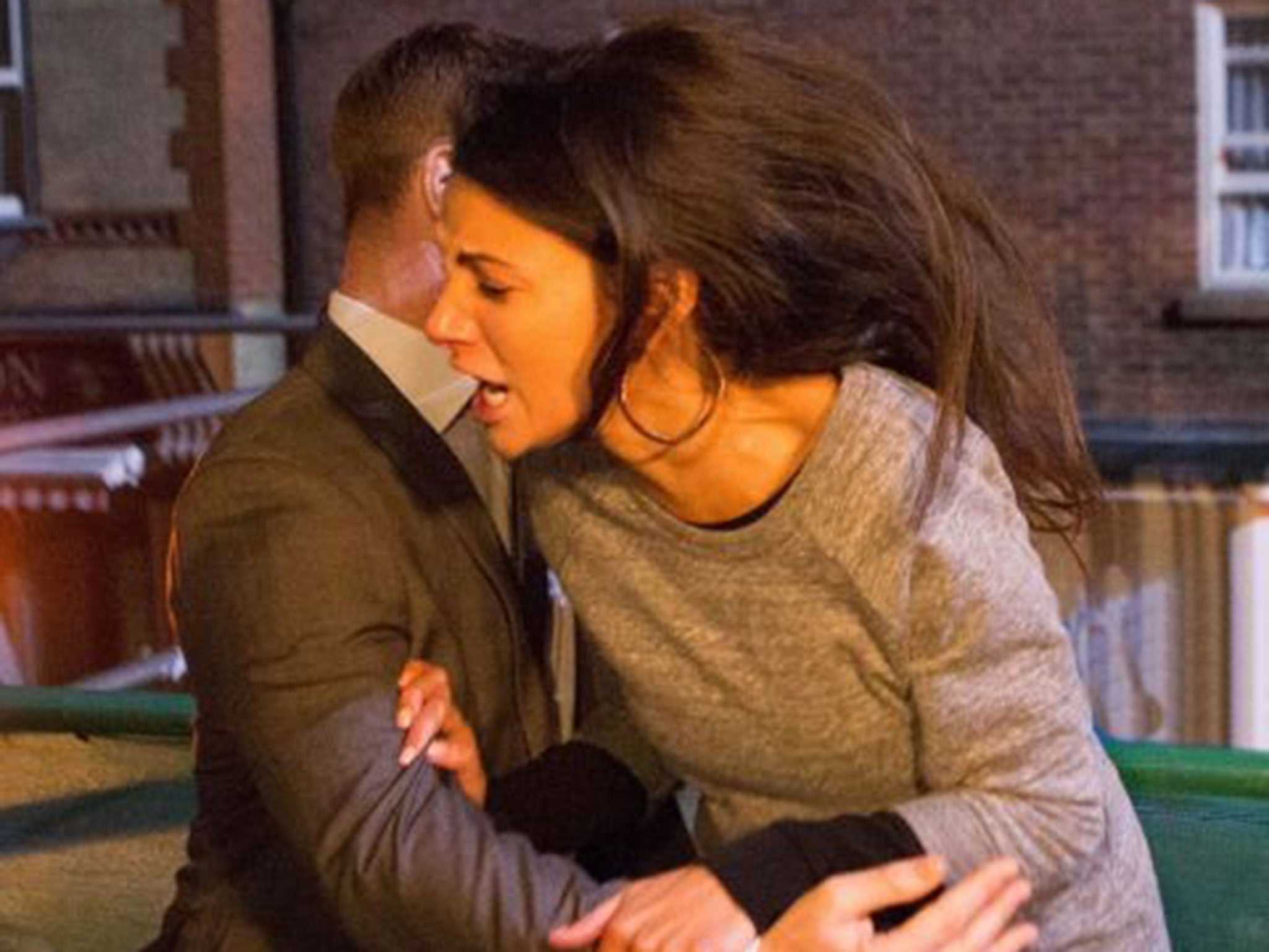 A soap murder that won't wash: Tina McIntyre (Michelle Keegan) struggles with Rob Donovan (Marc Baylis) in ‘Coronation Street’