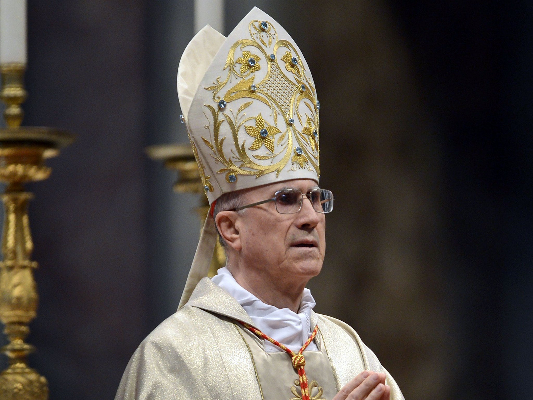 Vatican secretary of State Tarcisio Bertone presides over the mass in St.Peter's Basilica to mark the 900th anniversary of the Order of the Knights of Malta, on February 9, 2013 at the Vatican.