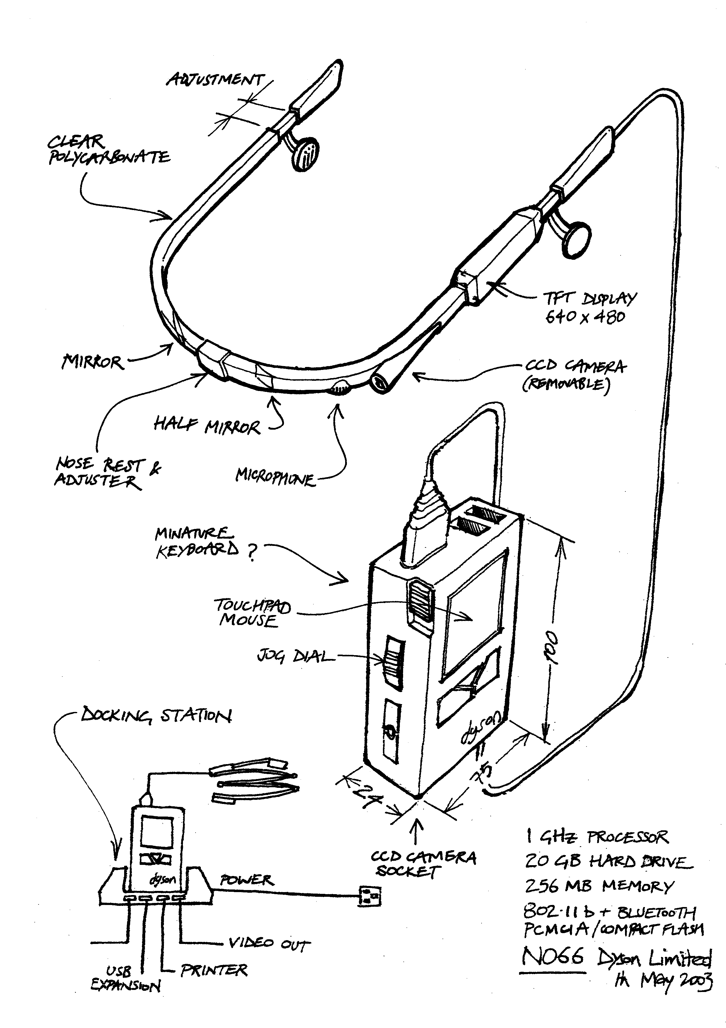 A schematic drawing for the N066 device showing the connected computer that would have powered the device.