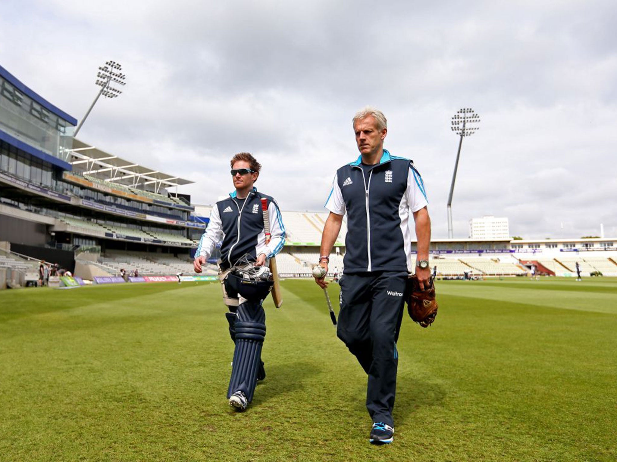 England coach Peter Moores (right) and Eoin Morgan at Edgbaston yesterday before the final game of the one-day series, which stands at 2-2